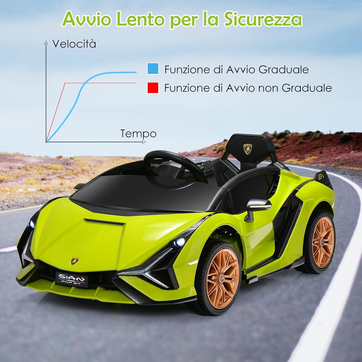 Macchina Elettrica Lamborghini per Bambini da 12V, Veicolo Elettrico con Luci LED MP3 Telecomando, Fino a 5km/h, +3 Anni (Verde)