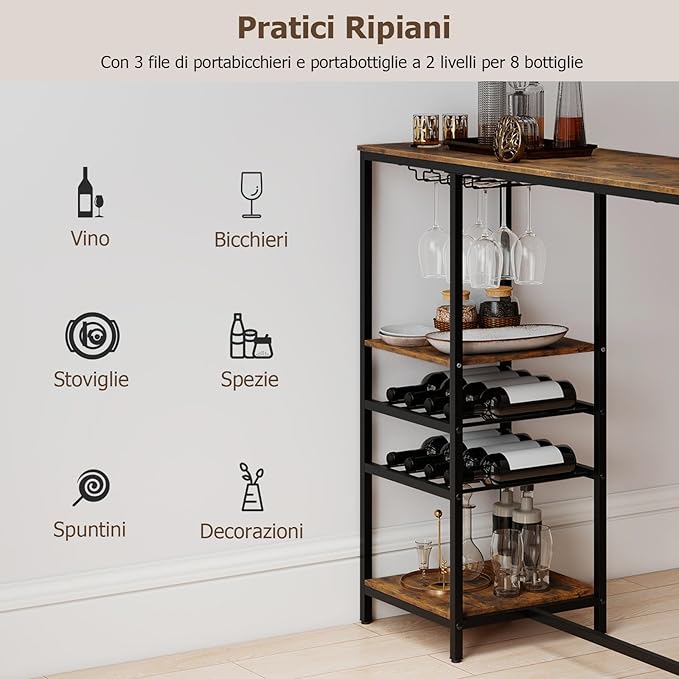 Tavolo da Bar 121 x 41 x 105,5 cm, Angolo Bar per Casa con Scaffali di Stoccaggio, Portabottiglie e Portacalici, Tavolo Alto per Cucina, Soggiorno, Ristorante e Bistrò
