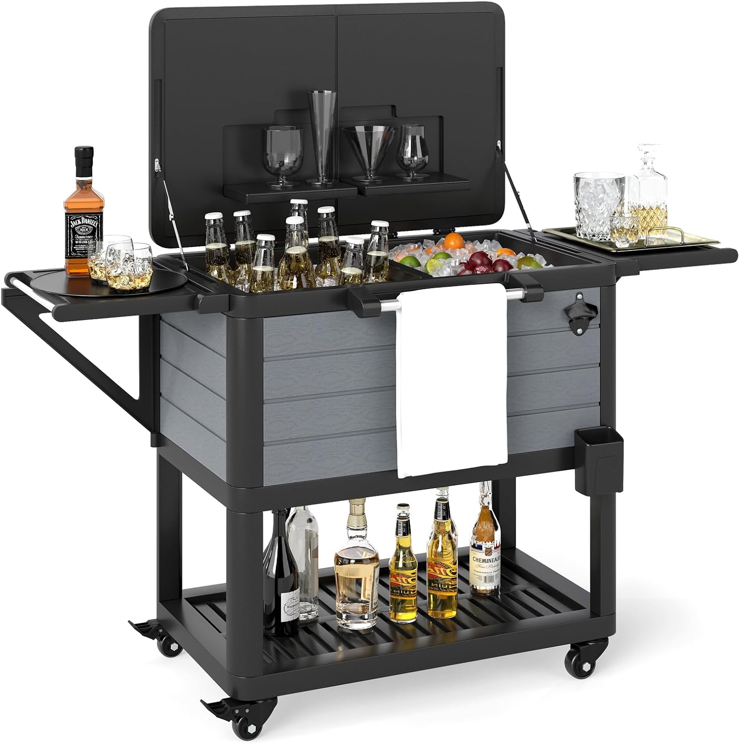 Carrello Porta Ghiaccio su Ruote 83 x 50 x 85 cm, Carrello Refrigerante con Ripiani di Stoccaggio e Apribottiglie, Portata 91 L, Frigorifero Portavivande da Esterno per Feste e Barbecue