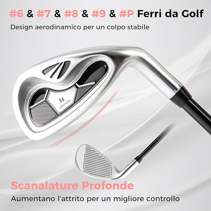 Set Completo di Mazze da Golf da Dona, Include Driver 460CC 1, Fairway 3, Ibrido 4, Ferri 6, 7, 8, 9 e P, Putter, 3 Copri Mazzetta e 1 Borsa per Destrimano