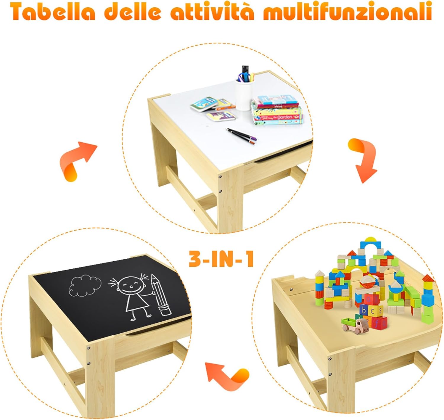 Tavolino Bambini 3 in 1, Set Tavolo e Sedie per Bambini con Lavagna Rimovibile e 2 Sedie con Cestini Portaoggetti, Scrivania Multiuso per Cameretta e Soggiorno (Legno)