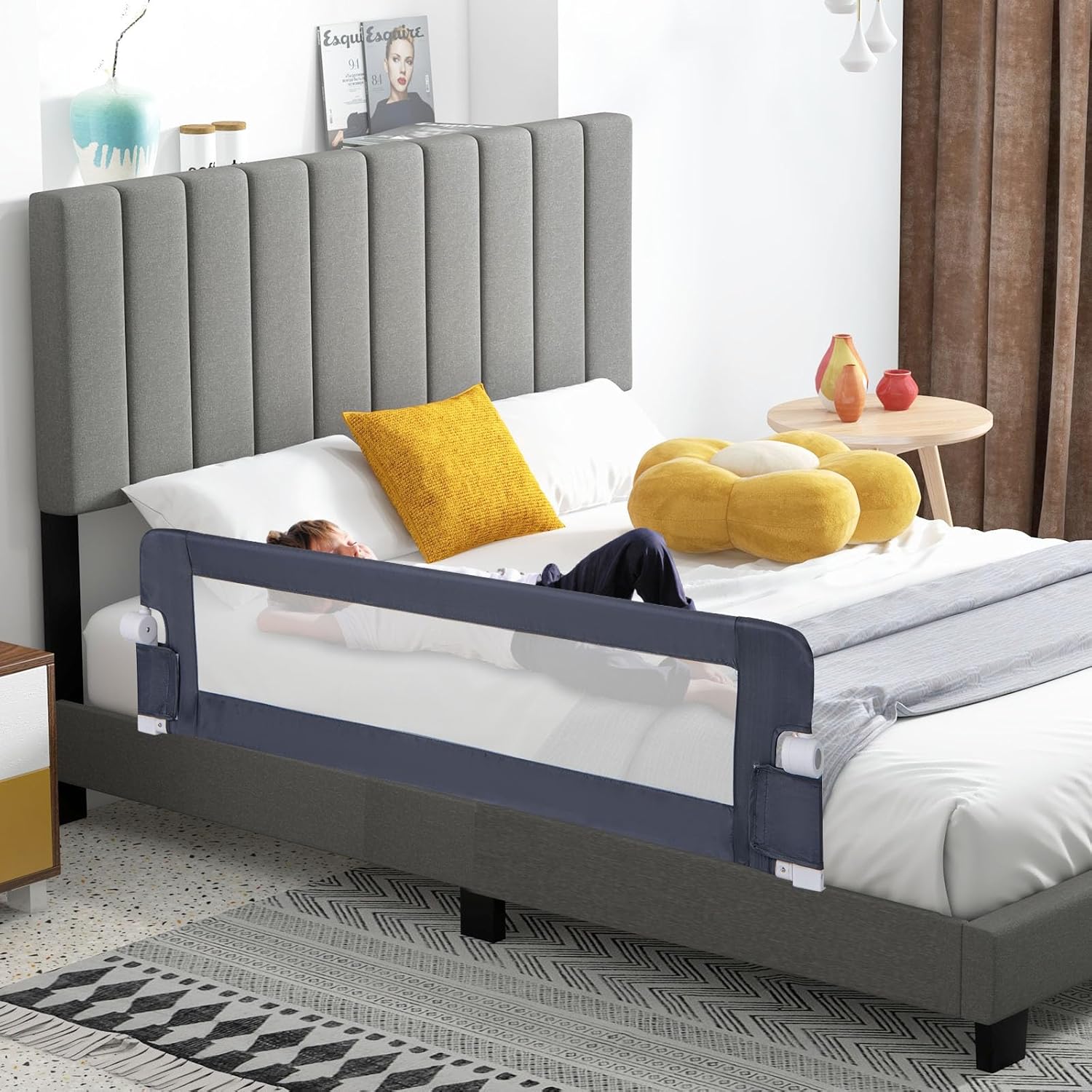 Sponda Letto per Bambini 105/120/150 cm, Barriera di Sicurezza per Neonati, Barriera Letto Pieghevole e Portatile, con Cinghia di Sicurezza (Grigio, 152 x 34 x 42 cm)