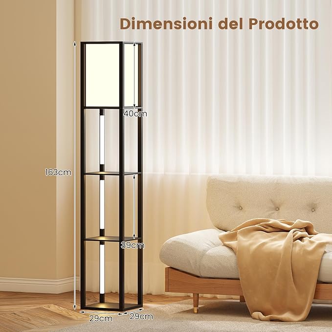 Lampada da Terra Moderna con Scaffali, Lampada a Mensola in Legno con 3 Strisce LED, Paralume, Luminosità Regolabile e Interruttore a Pedale, Scaffale Autoportante con Luce