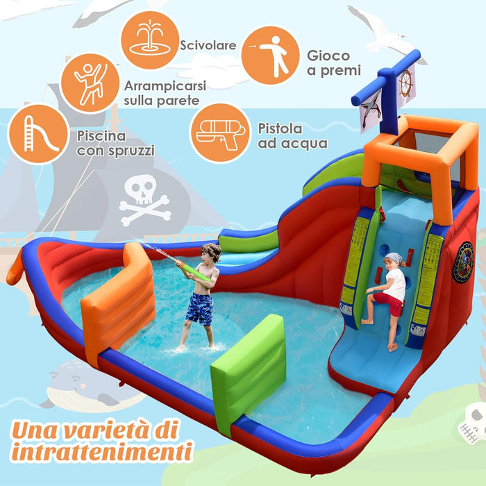 Castello Gonfiabile per Bambini 6 in 1, con Scivolo, Parete per Arrampicarsi, Piscina, Freccette, Gioco di Lancio, Pistole Acquatiche e Borsa, Ideale per 3 Bambini con Età 3-10 Anni