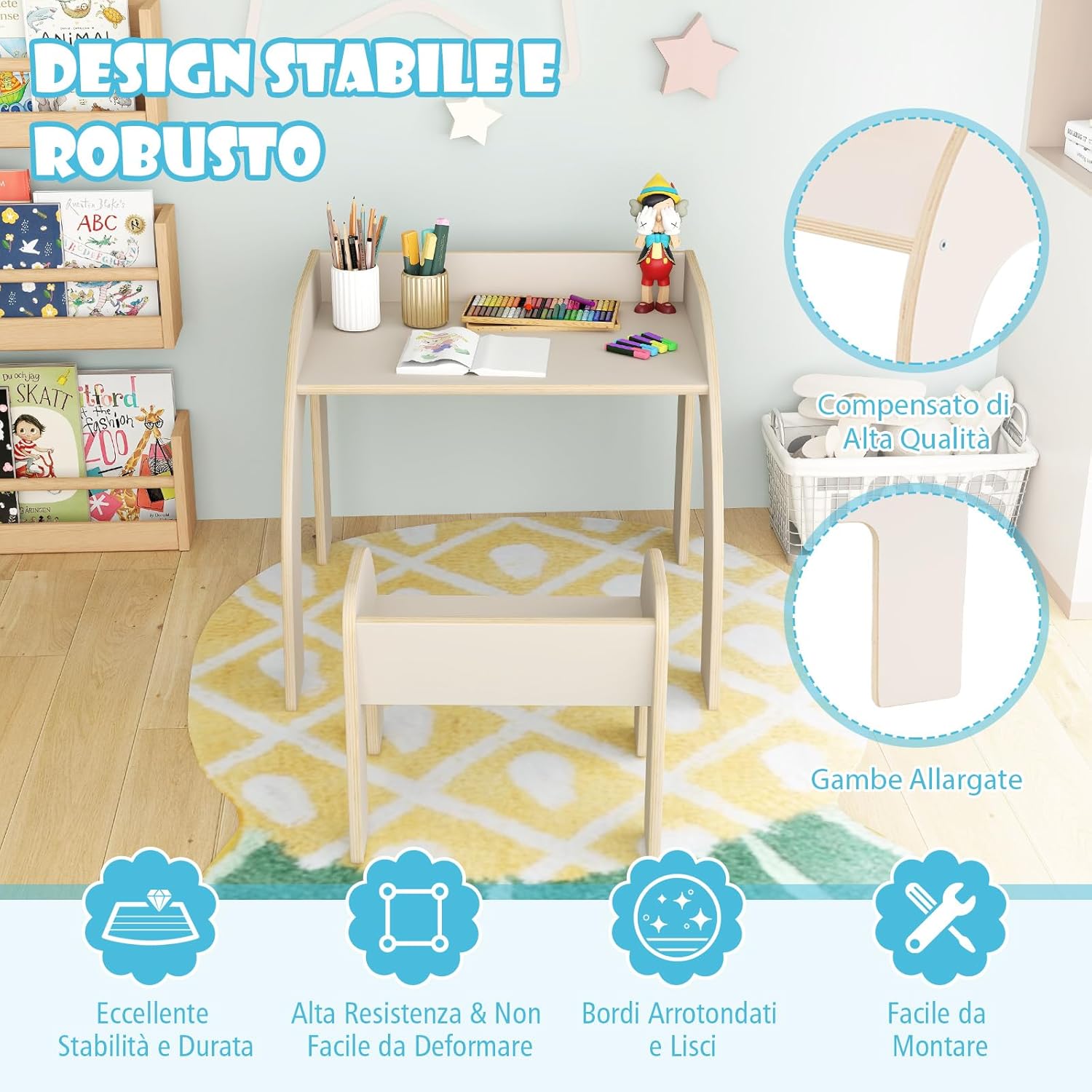 Set Tavolo e Sedie per Bambini 3+ Anni, Tavolino Legno con Sedie per Cameretta con Bordo Curvato e Ampio Piano, Mobile Salvaspazio per Camera da Letto, Soggiorno e Asilo (Bianco)