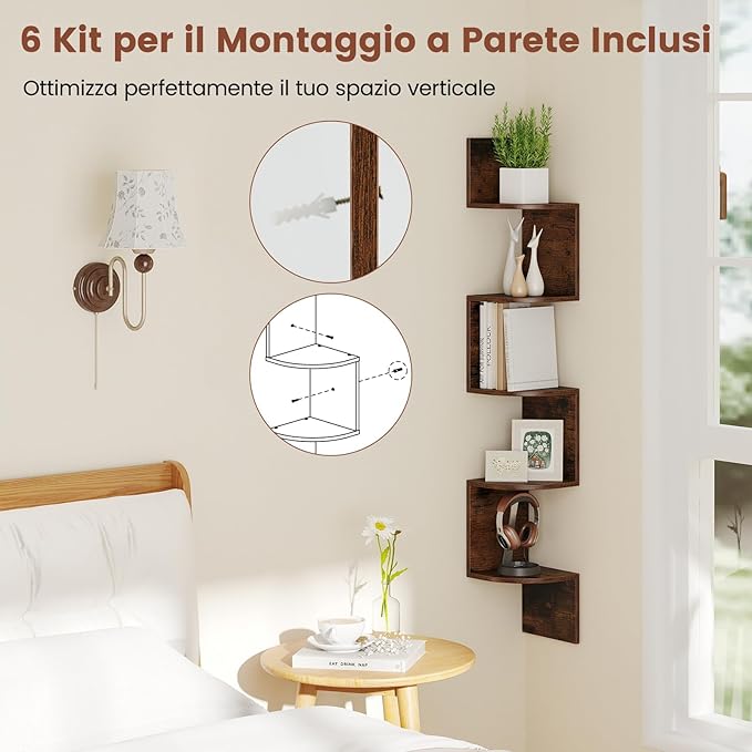 Scaffale Angolare a 5 Livelli, Scaffale Sospeso a Muro, Organizzatore di Stoccaggio a Parete, Espositore in Legno per Soggiorno Camera da Letto e Cucina, 20 x 20 x 126 cm (Marrone)