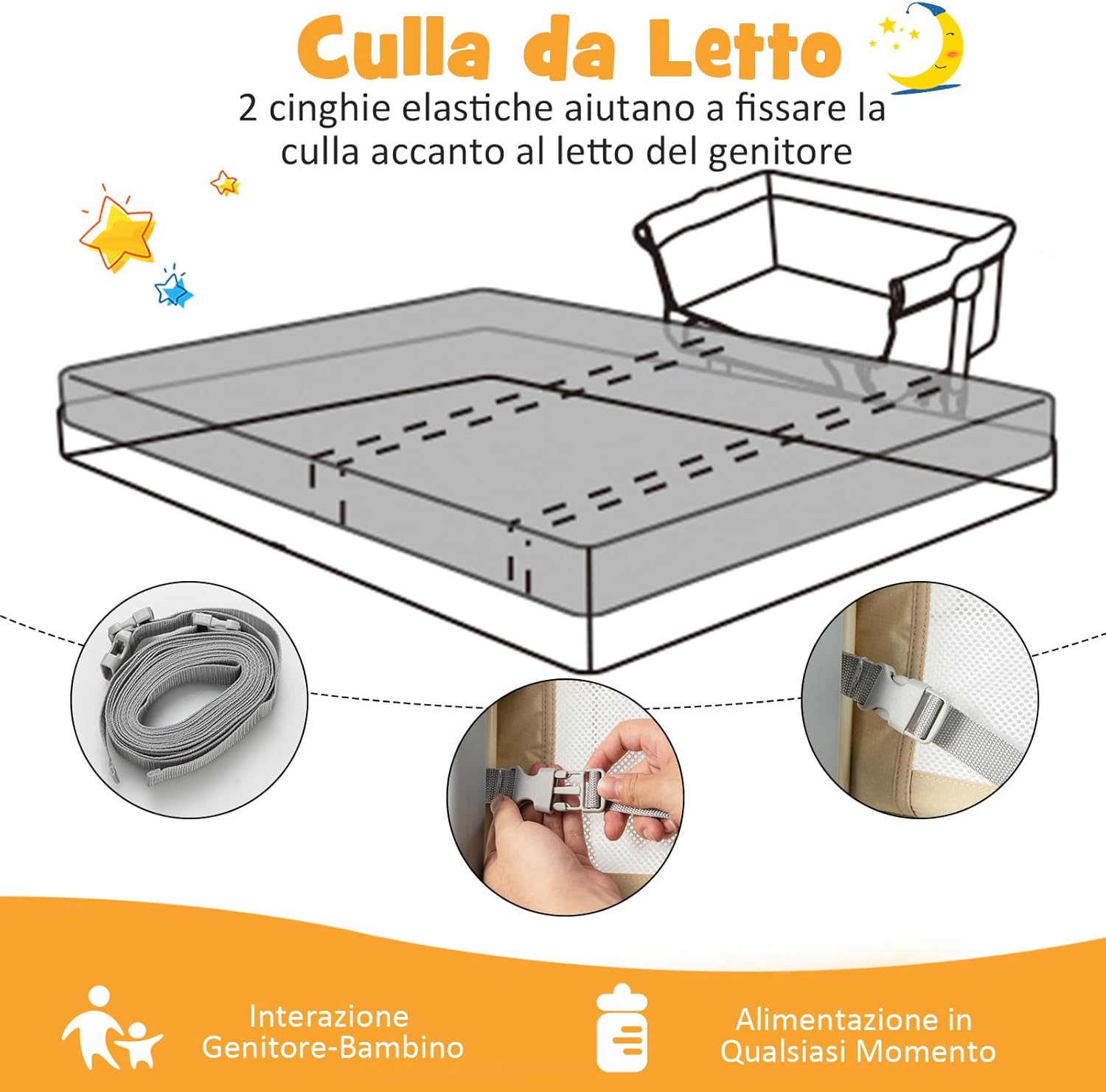 Culla Neonato Fianco 4 in 1, Culla Co-sleeping con Spondina Aperto, Altezza Regolabile, Inclinabile, Materasso Ruote Borsa da Viaggio Zanzariera Inclusi, 0-6 Mesi Fino a 9 kg (Beige)