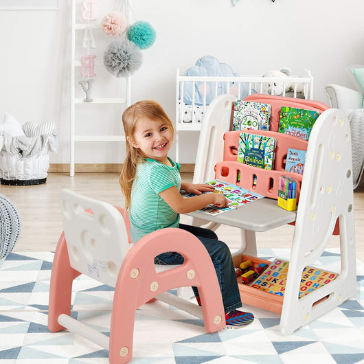 Cavalletto per Dipingere 2 in 1 Multifunzione per Bambini Altezza Regolabile, Libreria Bambini Lavagna Doppia Faccia , con Sedia e Accessori (Rosa-Arancione)