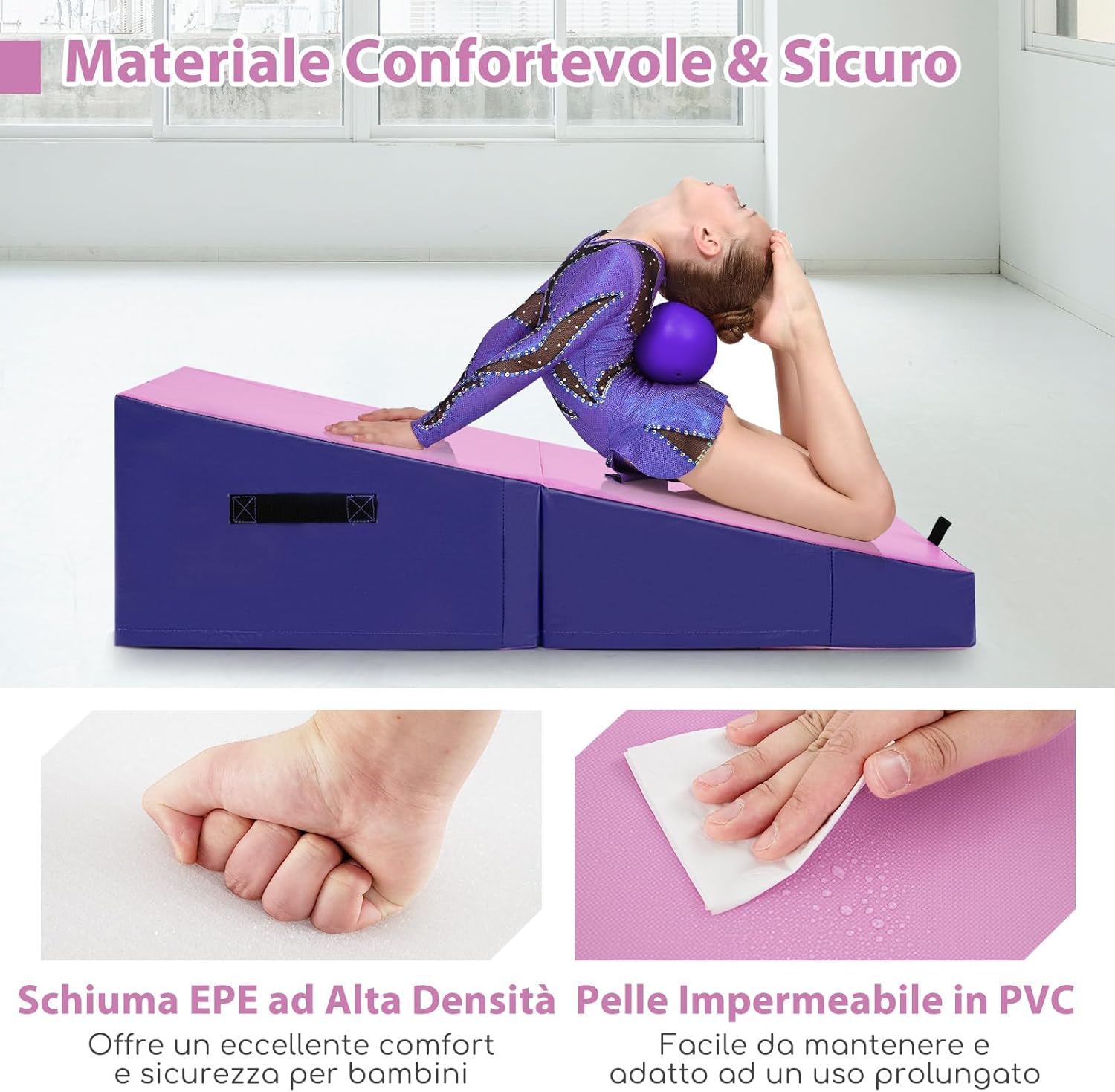Materassino Ginnastica, Tappetino da Ginnastica Pieghevole con Schiuma EPE e Pelle PVC Antiscivolo e Maniglia, Tappetino da Esercizio a Forma di Cuneo per Casa e Palestra
