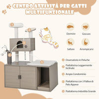 Albero per Gatti con Mobile per Lettiera, Torre per Gatti Moderna 2-in-1 con Cuccia, Piattaforma Superiore, Tiragraffi, Piattaforme Multiple e Palline