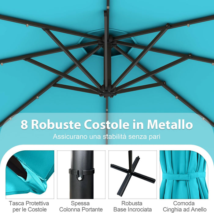 Ombrellone da Giardino ∅300 cm con 32 Luci LED, Ombrellone Prendisole con Rotazione di 360°, Inclinazione Regolabile, 8 Stecche, Manovella, per Giardino Piscina Cortile (Turchese)