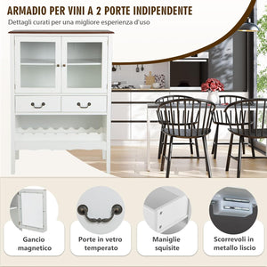 Mobile contenitore indipendente, con 2 porte in vetro temperato, 2 cassetti, portabottiglie aperto, stazione bar ad angolo per sala da pranzo e soggiorno