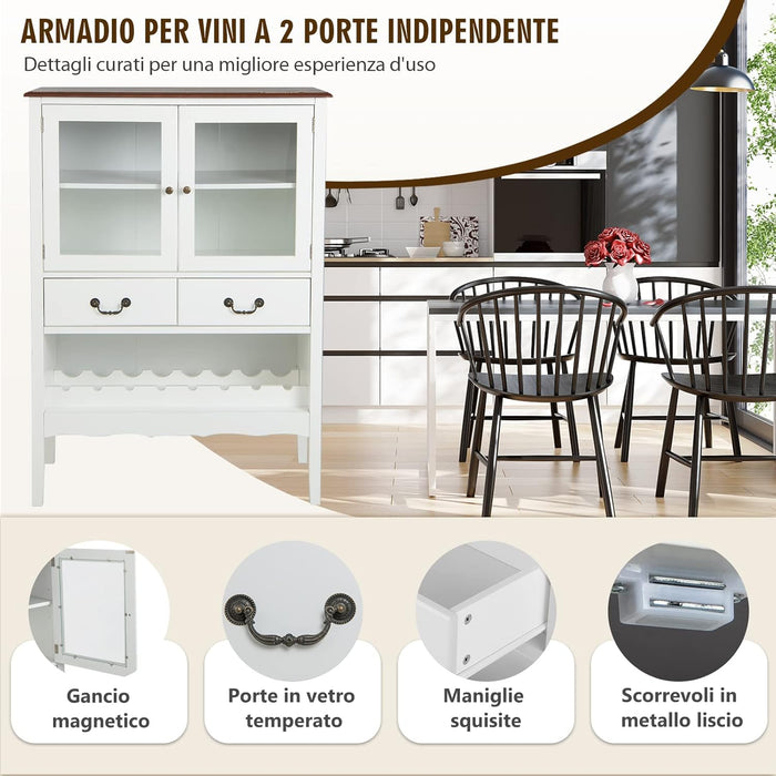 Mobile contenitore indipendente, con 2 porte in vetro temperato, 2 cassetti, portabottiglie aperto, stazione bar ad angolo per sala da pranzo e soggiorno