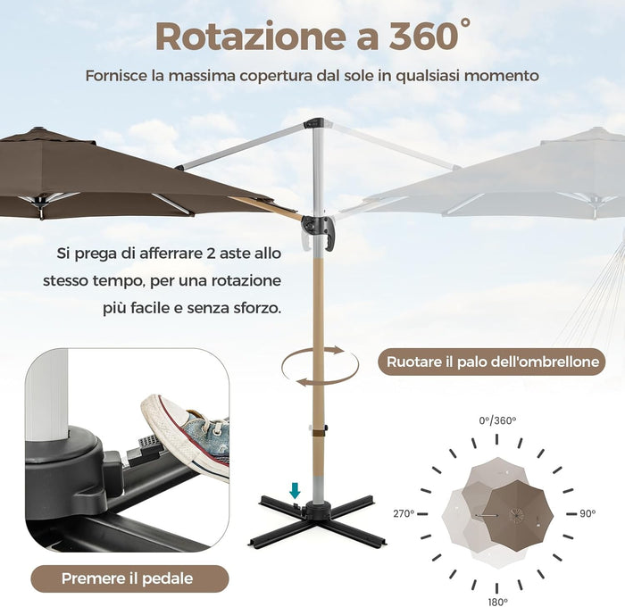 Ombrellone da Giardino 339 cm, Ombrello da Giardino Rotondo con Rotazione a 360°, Ombrellone da Giardino Inclinabile con Base, Ombrello da Sole per Giardino, Patio (Caffè)