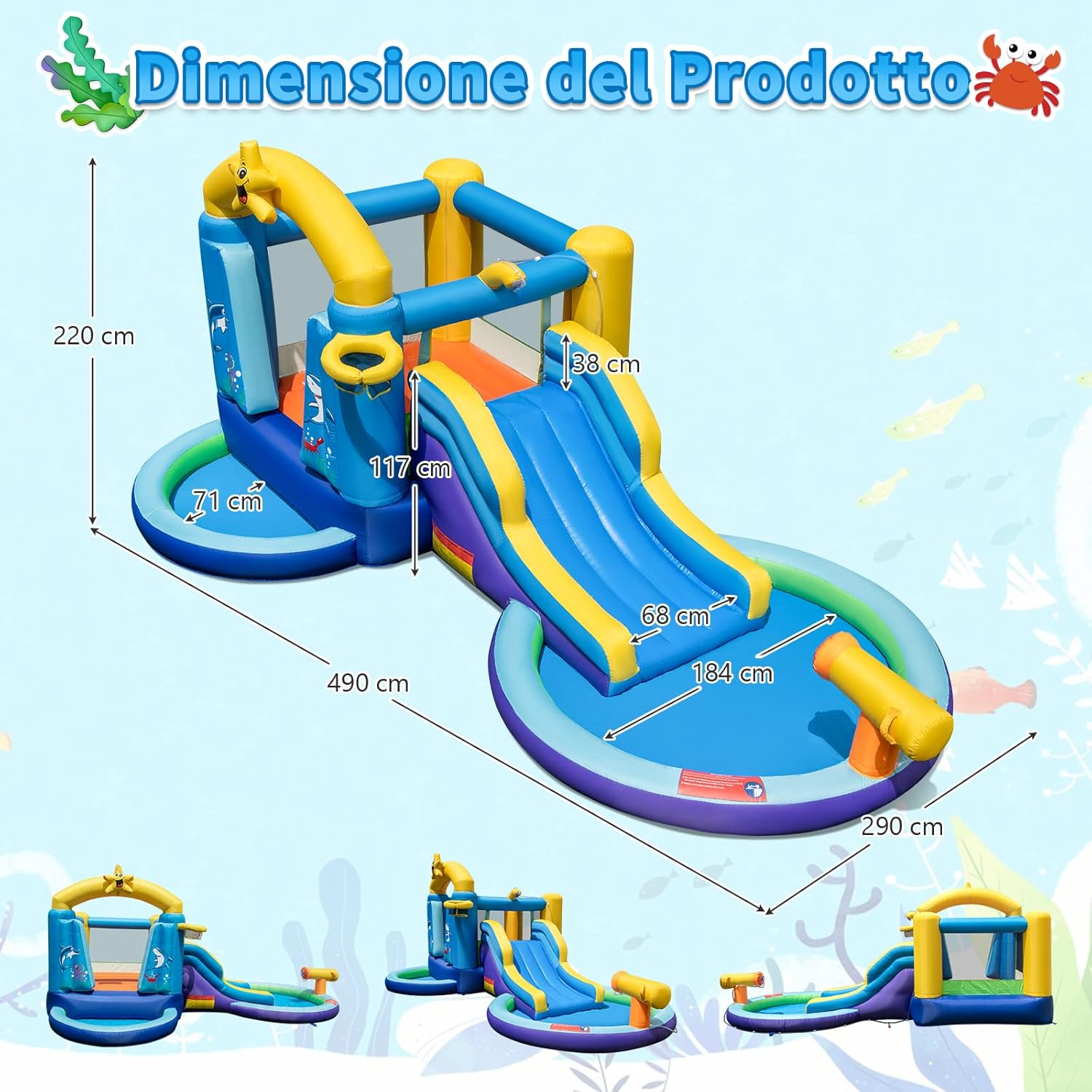 Castello Gonfiabile Oceananico con Soffiatore 680W, Parco Acquatico per Bambini con 2 Piscine e 50 Palline, Scivolo, Trampolino, Canestro da Basket, Cannone ad Acqua, 490x290x220 cm