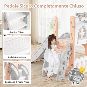 6 in 1 Scivolo per Bambini, Set da Gioco a Forma di L con Canestro da Basket e Telescopio, Spazio di Archiviazione, Scivolo da Interno ed Esterno per 1-3 Anni (Rosa)