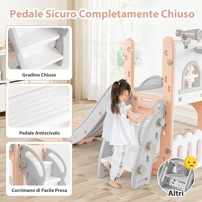 6 in 1 Scivolo per Bambini, Set da Gioco a Forma di L con Canestro da Basket e Telescopio, Spazio di Archiviazione, Scivolo da Interno ed Esterno per 1-3 Anni (Rosa)