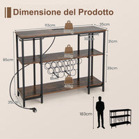 Mobile Bar Vino, Portabottiglie Industriale con 3 Ripiani, Porta Calici, Porte USB e Prese, Mobile Portabottiglie di Vino con Struttura in Metallo, 113 x 35 x 85 cm (Marrone)