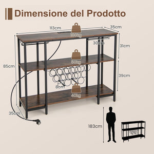 Mobile Bar Vino, Portabottiglie Industriale con 3 Ripiani, Porta Calici, Porte USB e Prese, Mobile Portabottiglie di Vino con Struttura in Metallo, 113 x 35 x 85 cm (Marrone)