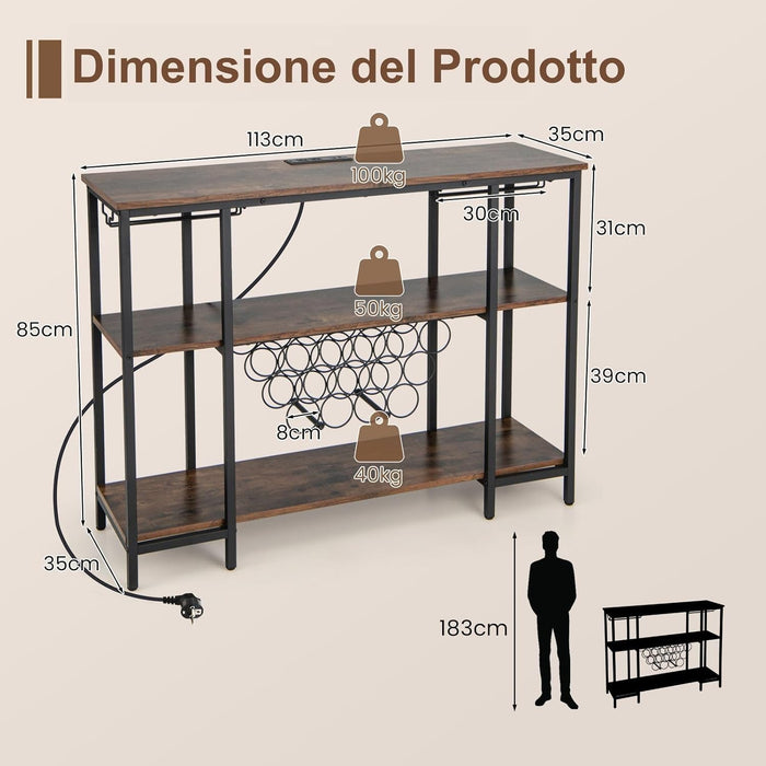 Mobile Bar Vino, Portabottiglie Industriale con 3 Ripiani, Porta Calici, Porte USB e Prese, Mobile Portabottiglie di Vino con Struttura in Metallo, 113 x 35 x 85 cm (Marrone)