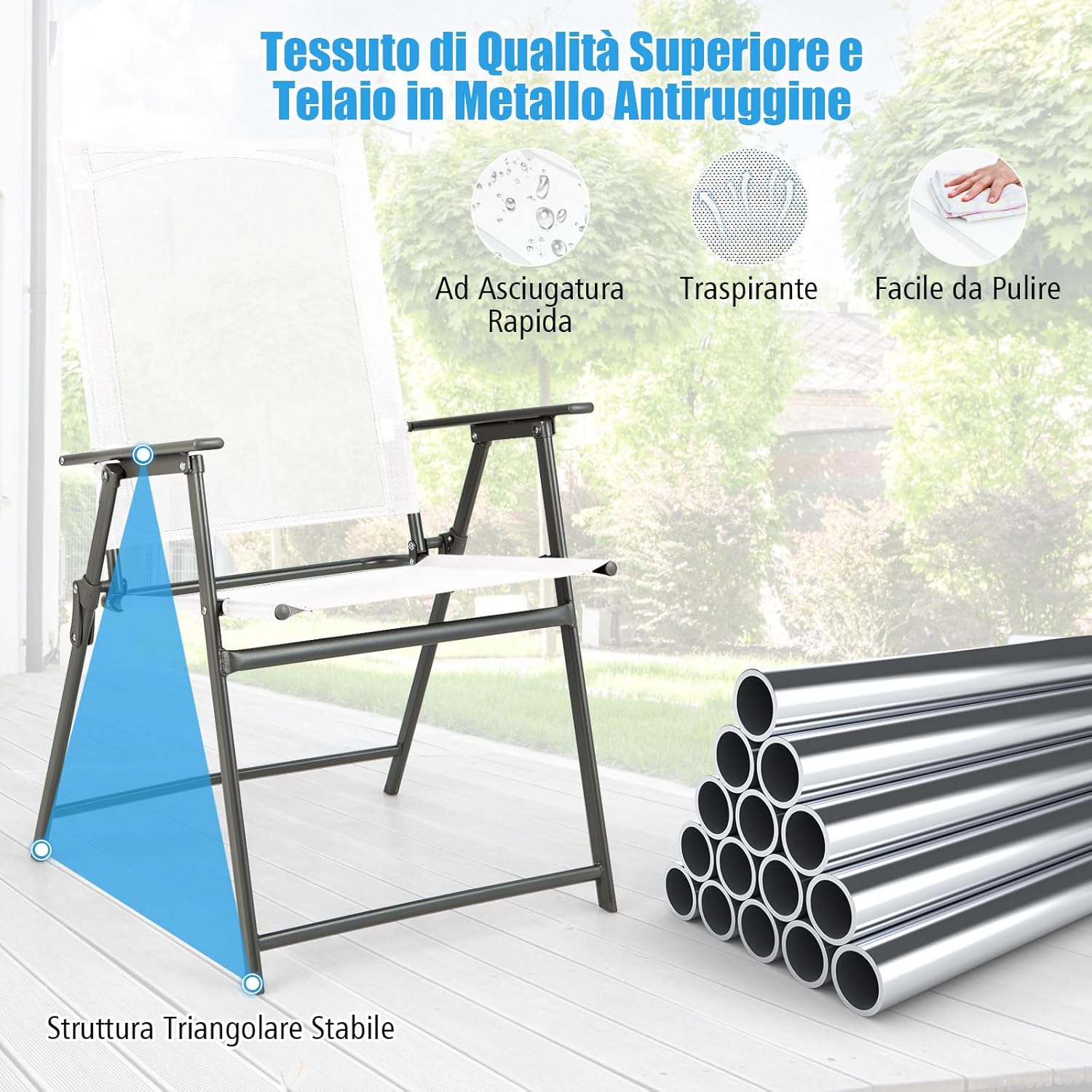 Set di 2/4 Sedie Pieghevoli da Giardino in Textilene, Sedie da Esterno con Schienale Alto, Poltrona Portatile per Giardino Campeggio Patio, Portata 150 kg (4, Bianco, 62 x 58 x 96 cm)