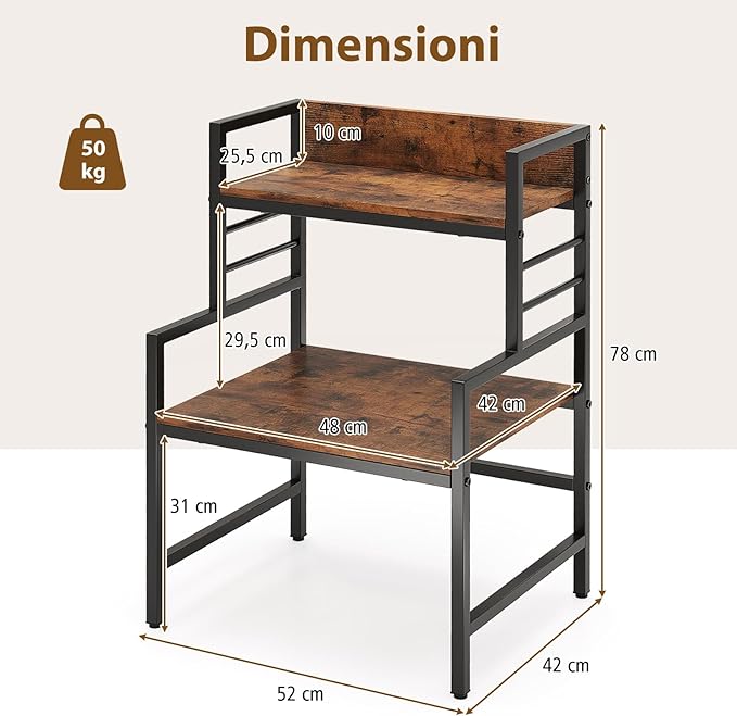 Supporto per Microonde a 3 Ripiani, Organizzatore da Cucina Industriale con 2 Mensole Aperte, Porta Spezie Salvaspazio con Struttura in Metallo, Carico 50 kg, 52x42x78 cm