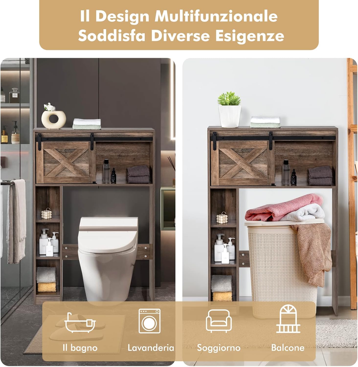 Mobile Salva Spazio Sopra WC, Organizzatore del Bagno in Legno con Porta e 3 Ripiani di Stoccaggio, per Bagno Lavanderia, 84x17x128 cm (Marrone)