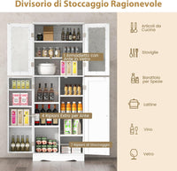 Credenza da Cucina, Dispensa da Cucina con Doppia Porta in Vetro Temperato, Design Antiribaltamento, Ideale per Soggiorno Sala da Pranzo e Cucina, 60x31,5x161,5 cm (Bianco)