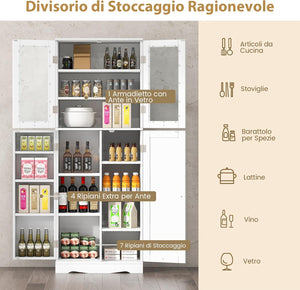 Credenza da Cucina, Dispensa da Cucina con Doppia Porta in Vetro Temperato, Design Antiribaltamento, Ideale per Soggiorno Sala da Pranzo e Cucina, 60x31,5x161,5 cm (Bianco)
