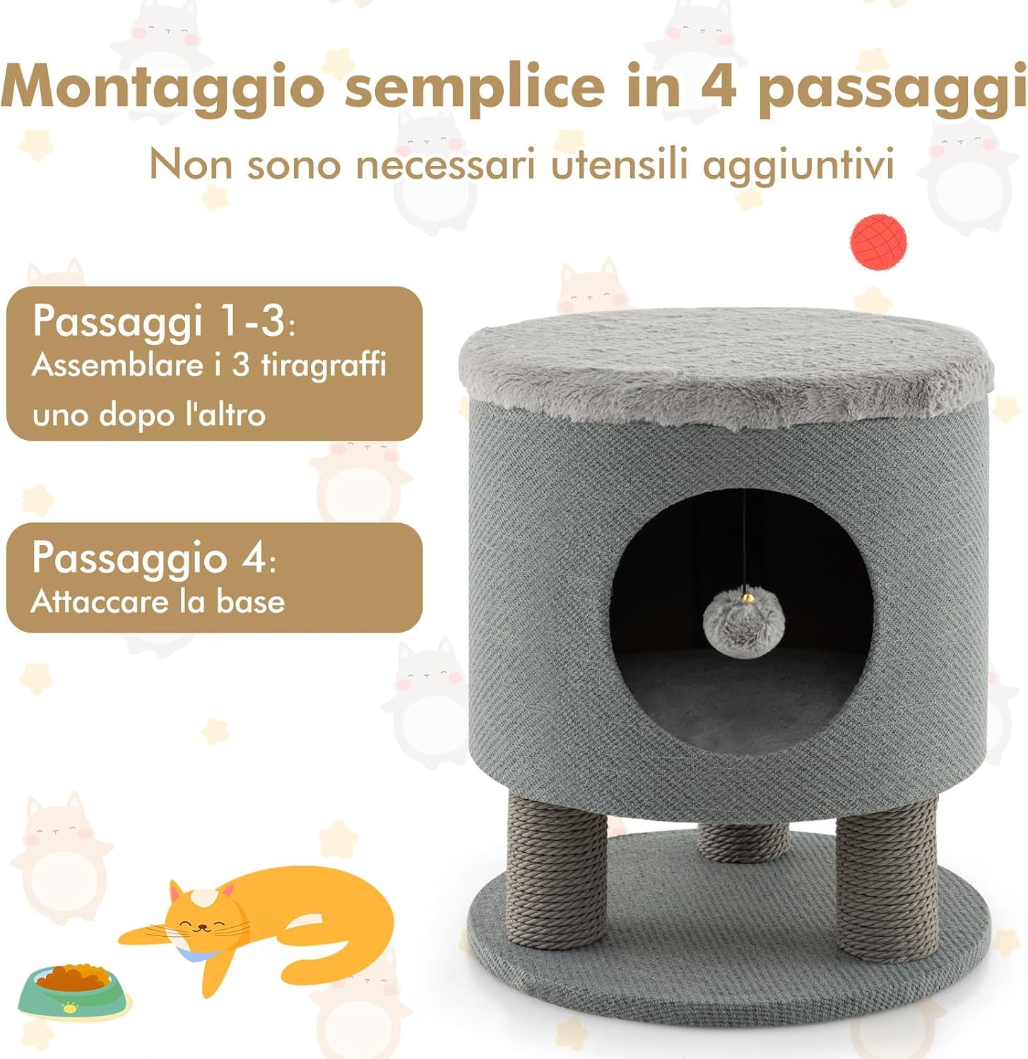 Casetta per Animali Domestici, Cuccia per Gatti con Pali Tiragraffi e Pallina di Peluche, Mobile Multiuso 3-IN-1 per Gatti Piccoli e Medi (Grigio)