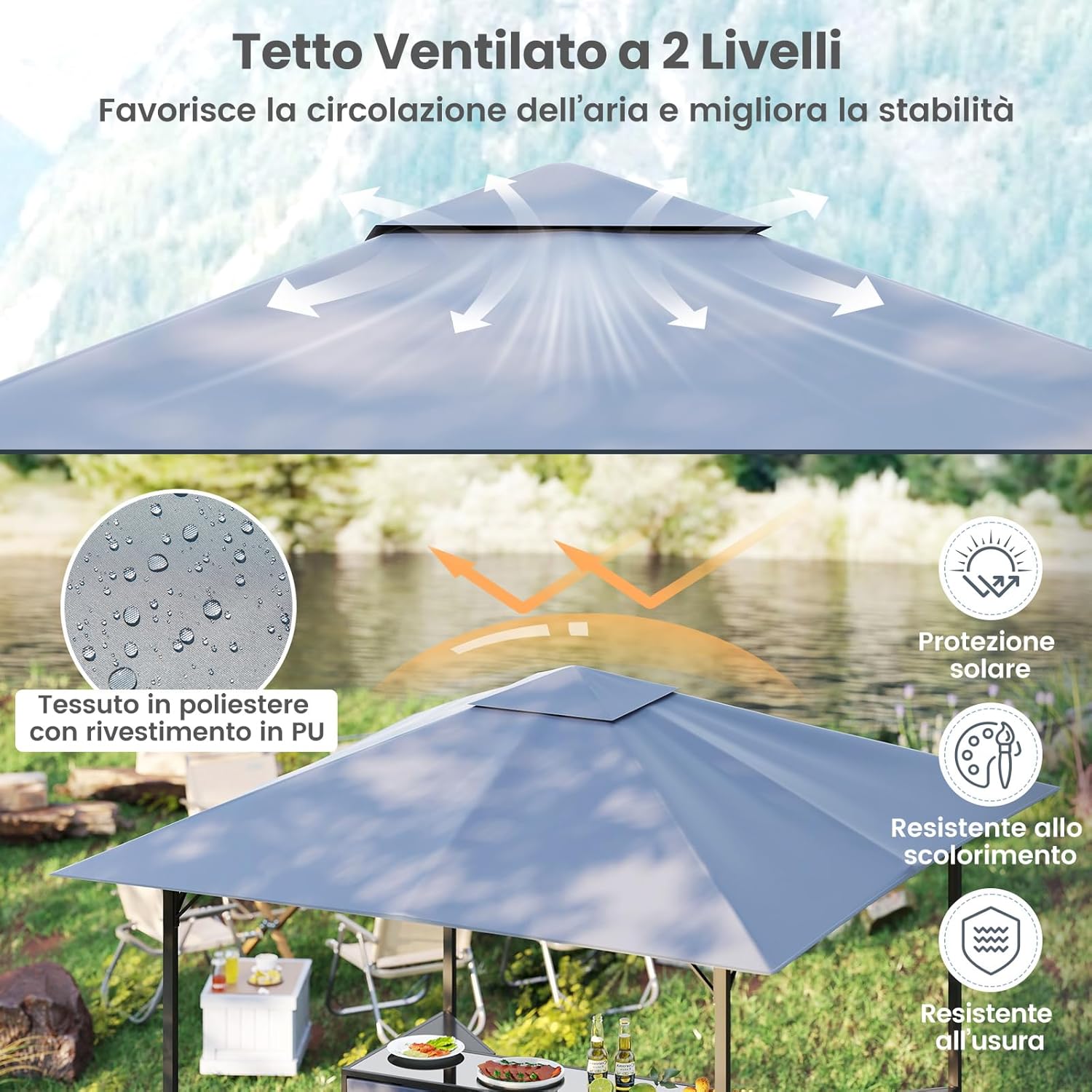 Gazebo da Esterno 245 x 245 x 243 cm, Set da Bar 3 Pezzi con Doppio Piano con 2 Sgabelli, Tavolo in Vetro Temperato e 2 Sedie, Tenda Impermeabile per Feste, BBQ in Giardino e Cortile