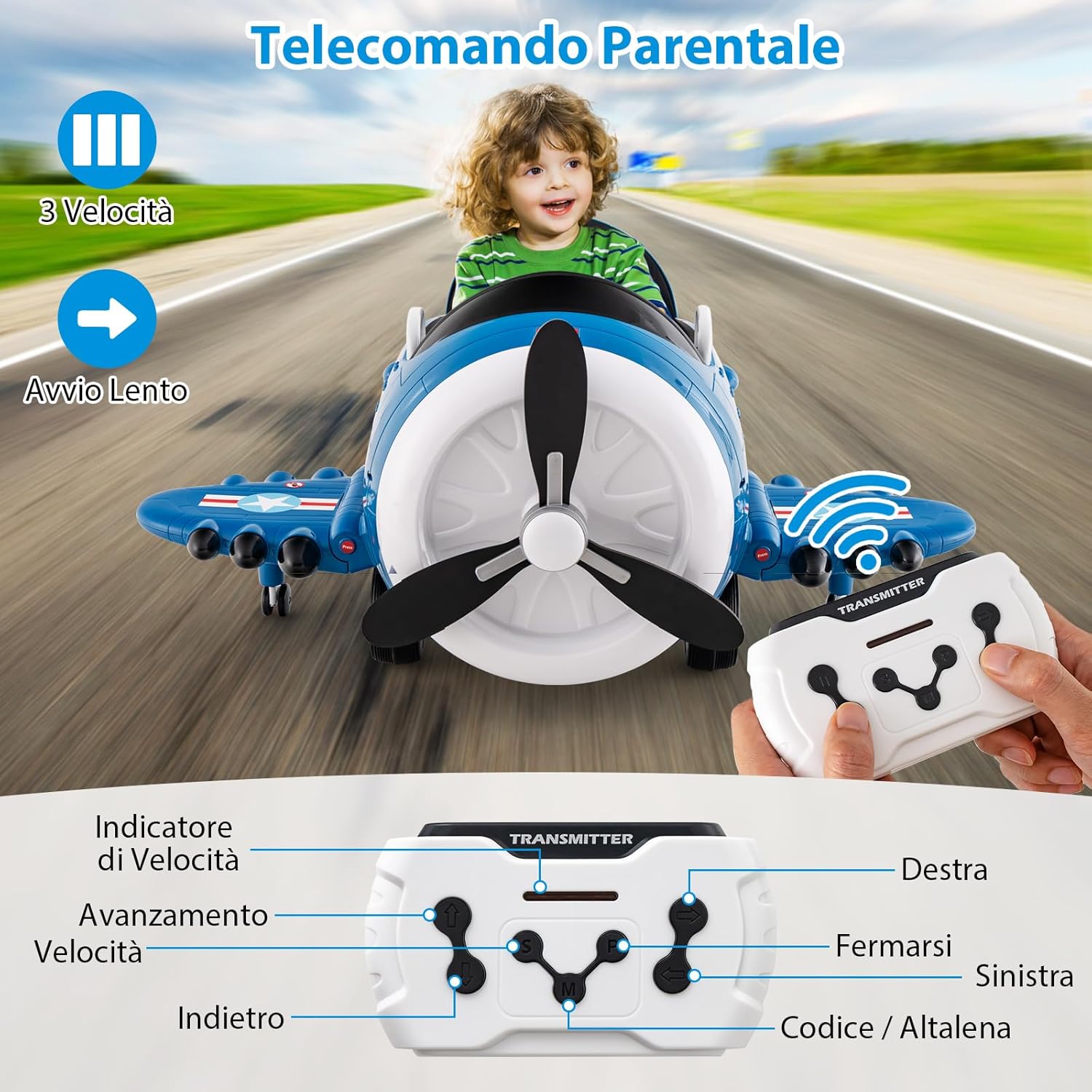 Macchina Elettrica a Forma di Aereo per Bambini, Aeroplano Elettrico Cavalcabile con Telecomando Alare Pieghevole e Elica Rotante, Cruscotto Illuminato, per Bambini 3 Anni+ (Blu)
