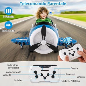 Macchina Elettrica a Forma di Aereo per Bambini, Aeroplano Elettrico Cavalcabile con Telecomando Alare Pieghevole e Elica Rotante, Cruscotto Illuminato, per Bambini 3 Anni+ (Blu)