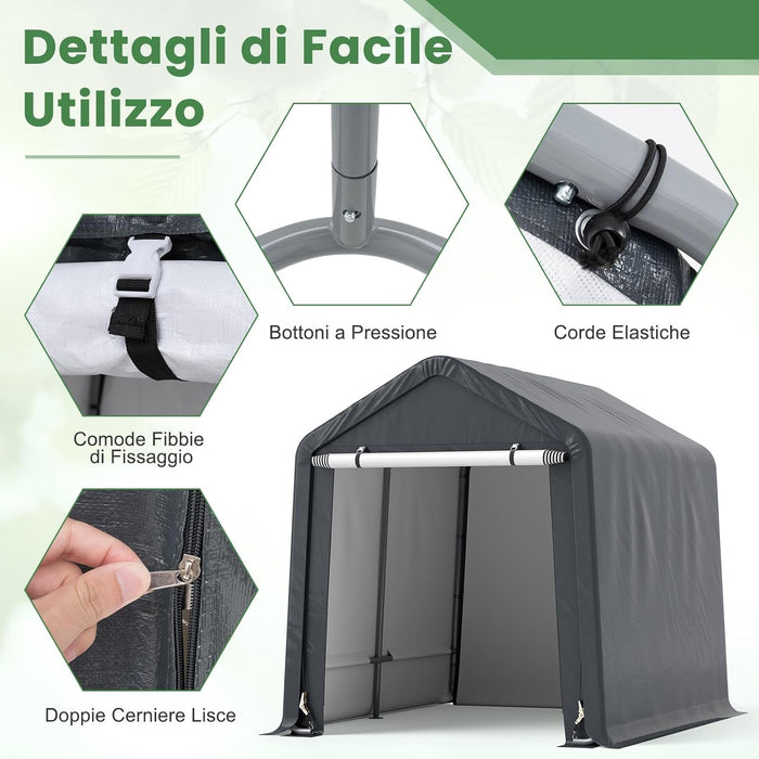 Tenda Garage per Moto e Bicicletta Impermeabile, Cappanone da Esterno con Porta a Cerniera Arrotolabile, Tendone Deposito da Giardino Multiuso per Attrezzi, 240 x 195 x 214 cm
