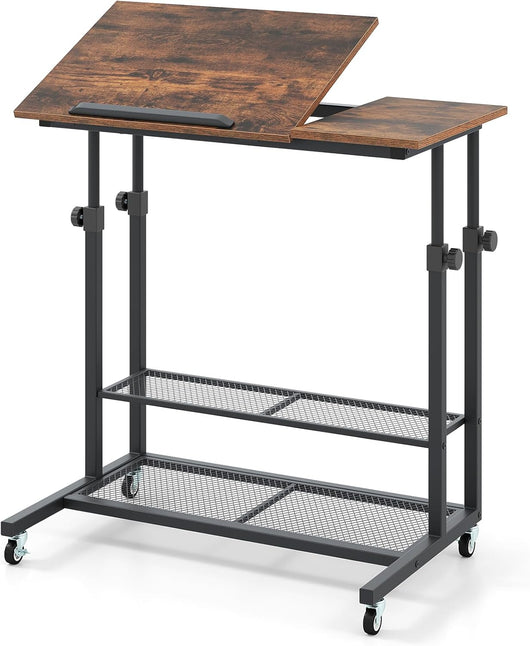 Scrivania per computer 80 x 40 cm con 4 ruote, tavolino ausiliario con piano inclinabile, altezza regolabile 64,5-89 cm, 2 ripiani a griglia, tavolo mobile per soggiorno, camera da letto