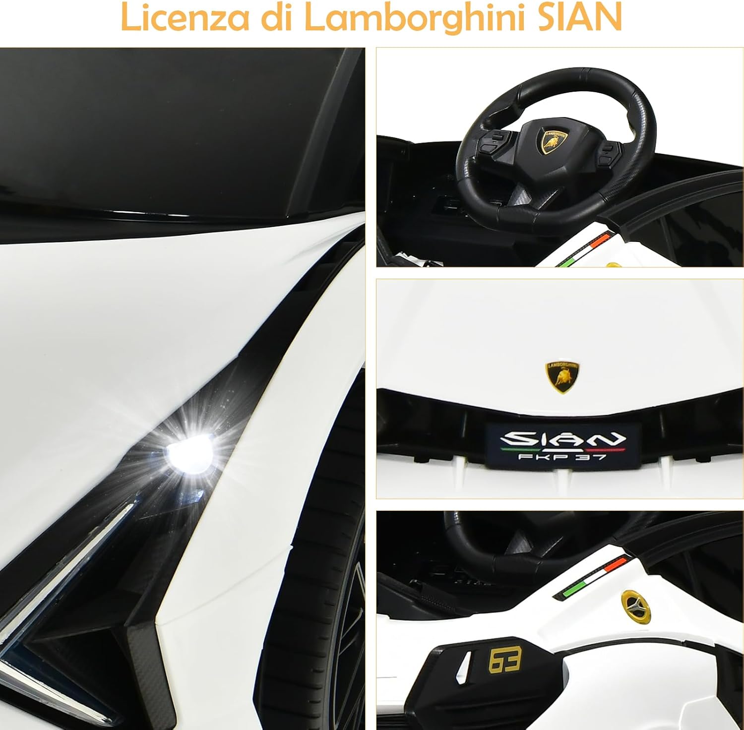 Macchina Elettrica Lamborghini per Bambini da 12V, Veicolo Elettrico con Luci LED MP3 Telecomando, Fino a 5km/h, +3 Anni (Bianco)