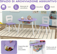 Set Tavolo Rotondo con 2 Sedie per Bambini, Set 3 Pezzi con Tavolo Attività di Legno, con Borsa a Rete, Mobile per Camera da Letto Sala Giochi per Bambini (Viola)