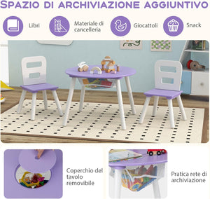 Set Tavolo Rotondo con 2 Sedie per Bambini, Set 3 Pezzi con Tavolo Attività di Legno, con Borsa a Rete, Mobile per Camera da Letto Sala Giochi per Bambini (Viola)