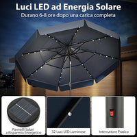 Ombrellone Esterno 300 cm, con 32 Luci LED, Ombrellone Giardino con Regolazione Inclinazione, Manovella e 8 Stecche, Parasole da Esterno con Tettuccio Ventilato a 3 Livelli