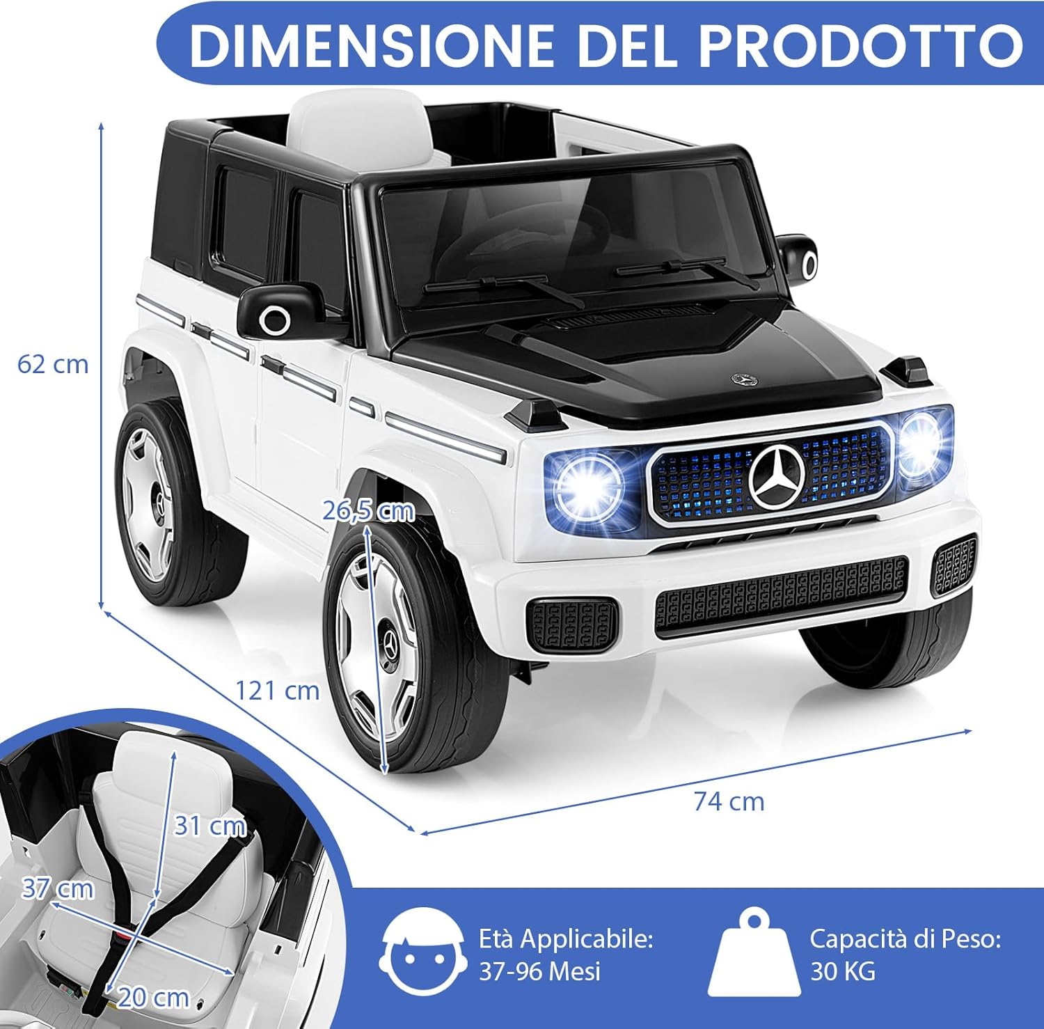 Benz Auto Cavalcabile per Bambini, Veicolo Elettrico 4WD con Telecomando Luci Musica e Clacson, Sospensione a Molla, 3-5 KM/H, per 37-96 Mesi (Bianco)