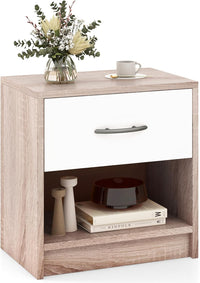 COSTWAY Comodino 38,5 x 28 x 40,5cm in Legno, Tavolino Salvaspazio con Scomparto Aperto e Casseto per Soggiorno e Camera da Letto (Naturale+Bianco)