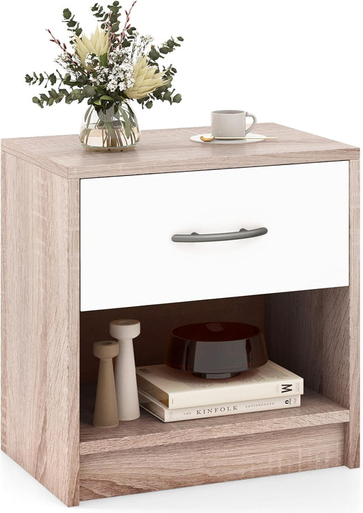 COSTWAY Comodino 38,5 x 28 x 40,5cm in Legno, Tavolino Salvaspazio con Scomparto Aperto e Casseto per Soggiorno e Camera da Letto (Naturale+Bianco)