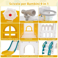 Scivolo per Bambini 9 in 1, Set da Gioco con Canestro da Basket, Telescopio, Volante, Corridoio, Tunnel e Spazio di Archiviazione, Scivolo da Interno ed Esterno per 1+ Anni (Giallo+Verde)