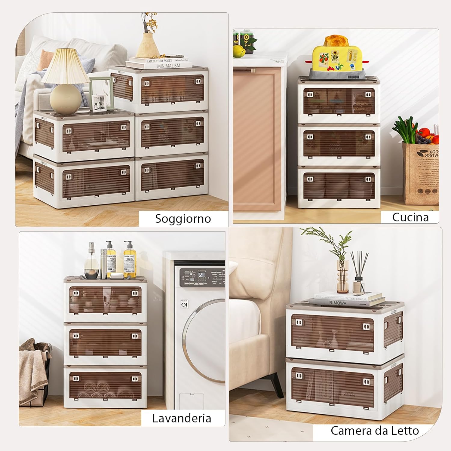 Set di 3 Contenitori Impilabili con Coperchi, Contenitori Pieghevoli in Plastica 132/90 L, Organizzatore con Ruote per Camera da Letto Soggiorno e Cucina (47x35x71,5cm)