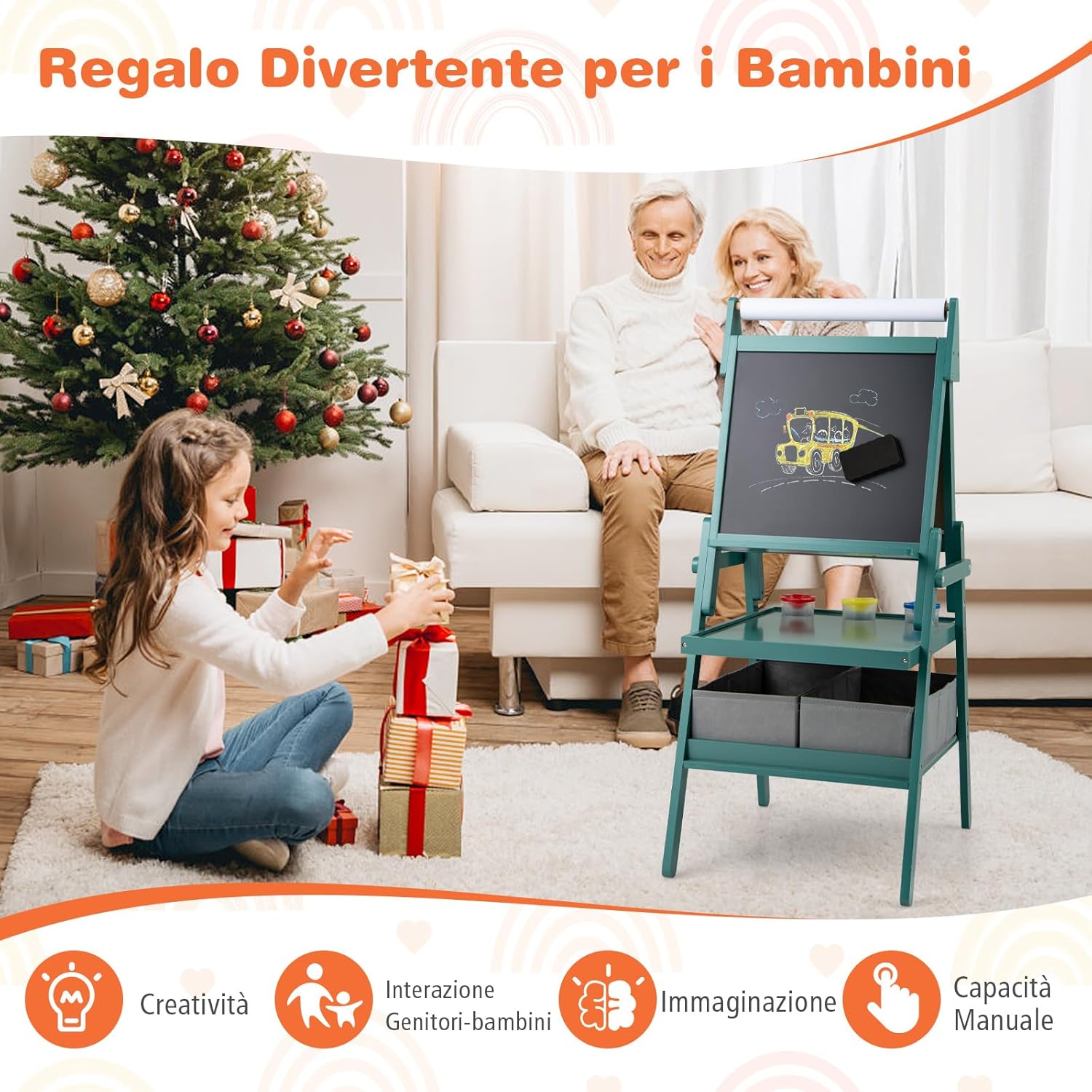 3 in 1 Cavalletto per Bambini, Cavalletto con Doppia Faccia Magnetica e Lavagna Bianca, Rotolo di Carta, 3 Bicchieri per Vernice e 2 Ceste in Tessuto, per Bambini 3-6 Anni (Verde)