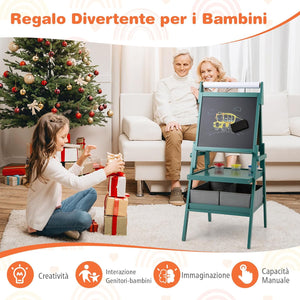 3 in 1 Cavalletto per Bambini, Cavalletto con Doppia Faccia Magnetica e Lavagna Bianca, Rotolo di Carta, 3 Bicchieri per Vernice e 2 Ceste in Tessuto, per Bambini 3-6 Anni (Verde)