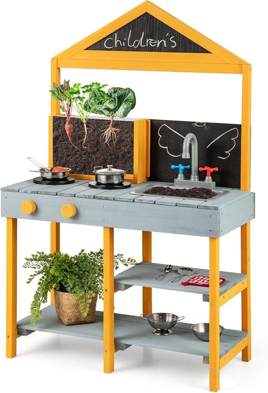 Cucina Giocattolo per Giardino con Vaso da Piantinaggio Trasparente, Rubinetto e Lavandino Rimovibile, Cucina in Legno di Abete per Bambini, Set Cucina con 8 Accessori (Blu e Arancio)