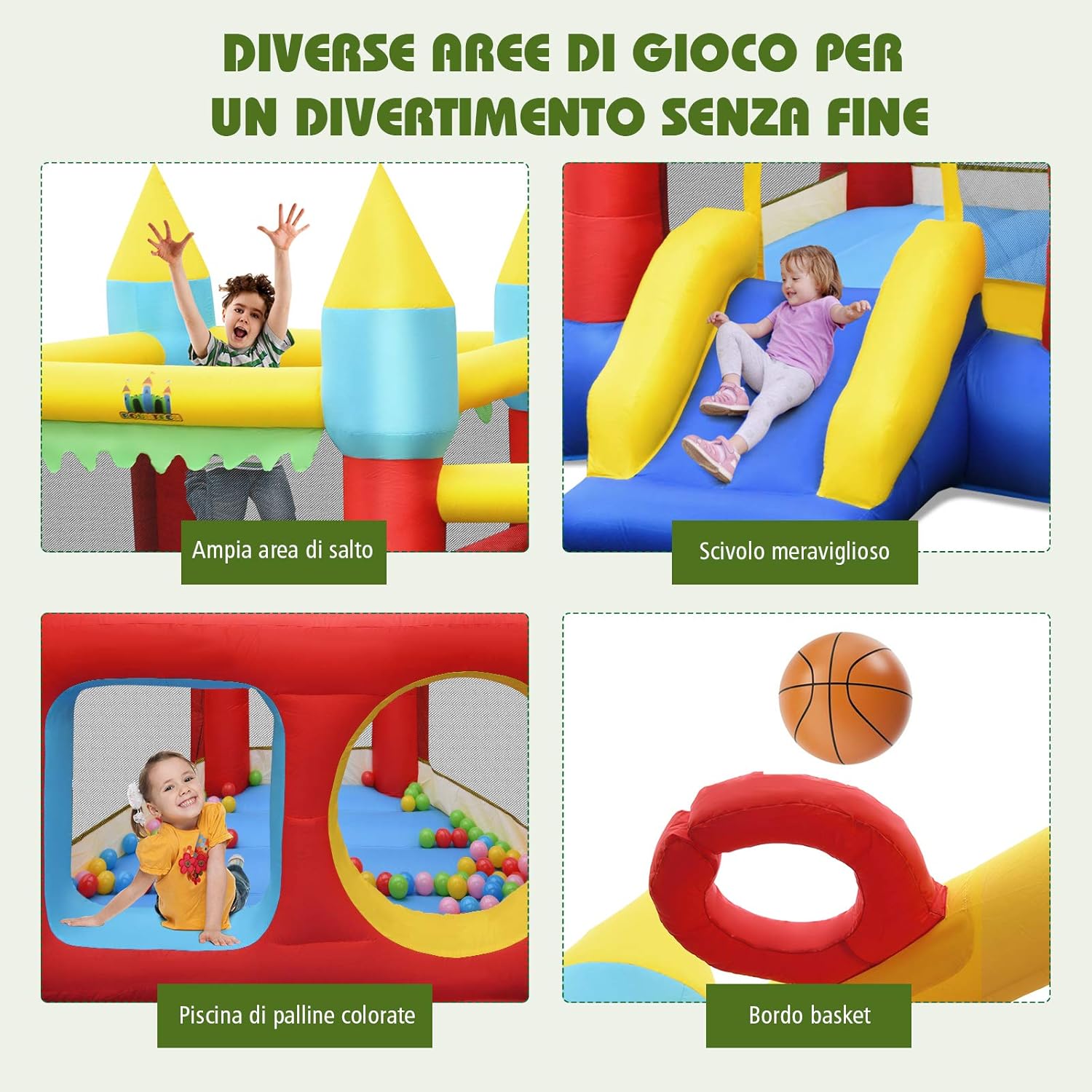 Castello Gonfiabile Per Bambini, con Scivolo, 100 Palline, Borsa di Trasporto e Kit di Riparazione, per 3 Bambini 3-10 anni, Regalo Perfetto per Bambini (con Soffiatore 450W)