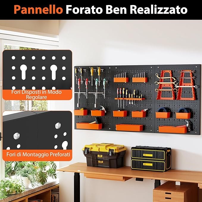 Pannello Forato da Muro, Organizzatore con 9 Contenitori, Supporti per Martelli, Portautensili e Ganci, Ideale per Garage e Officina (Arancia)