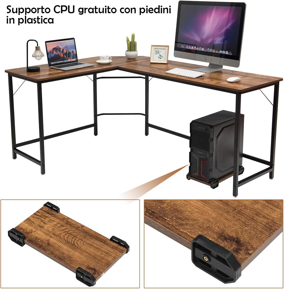 Scrivania Angolare in Legno e Ferro, Scrivania Porta PC con Porta CPU, Scrivania Salvaspazio Ideale per Studio e Ufficio, Portata Massima 100 kg, 168 x 125 x 74 cm Caffè